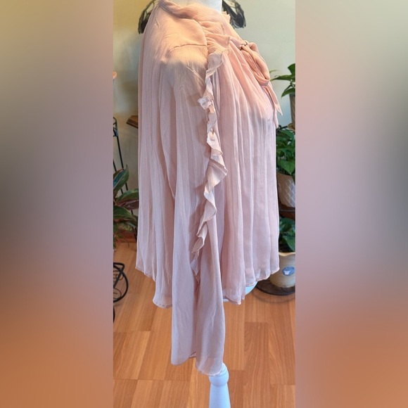 NWT Zara Pleated Ruffle Blouse Pale Pink Size Large Long Sleeves Bow Tie on Neck - Picture 5 of 15